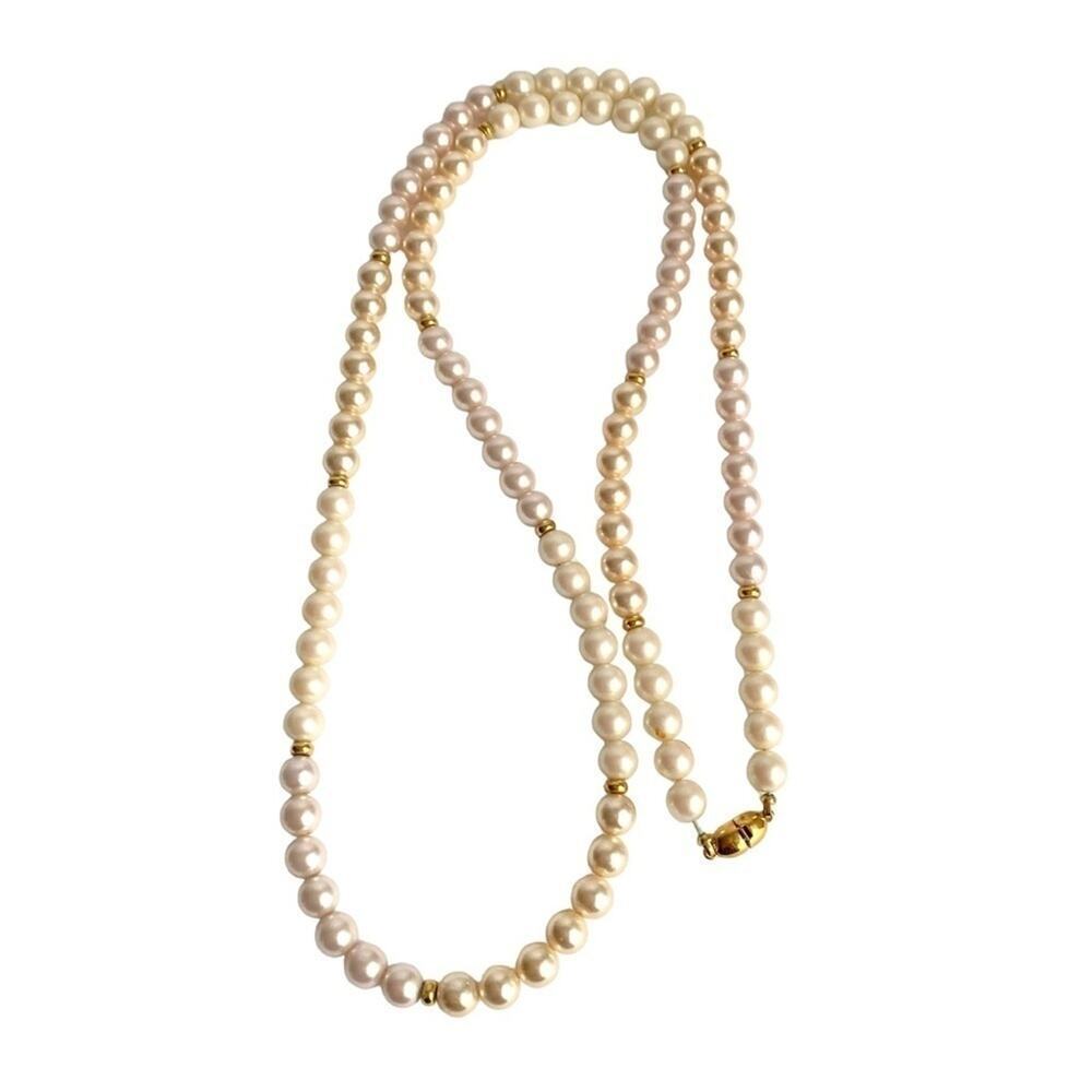 Vintage Monet Pearl Necklace Single Strand Cream Champagne Gold Tone Beads 34”‎